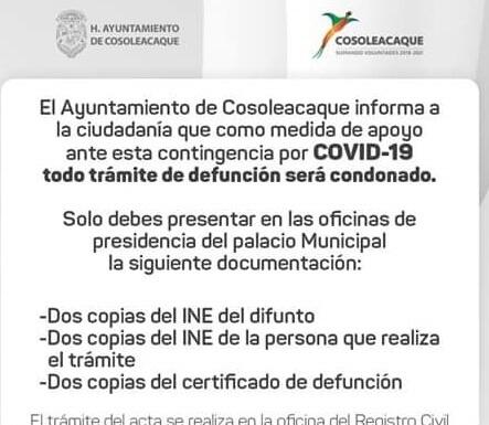Ayuntamiento de Cosoleacaque condonará el pago de las actas de defunción
