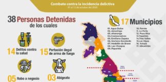 Por diversos ilícitos, efectúa Seguridad Pública 38 detenciones en 17 municipios