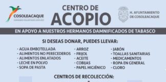 Instalan en Cosoleacaque centros de acopio para damnificados en Tabasco El Palacio y el DIF Municipal, serán centros de acopio para recibir productos no perecederos en beneficio de los damnificados de Tabasco