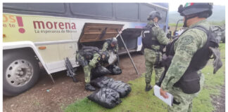 Sedena elimina logo de Morena en fotos de autobús que transportaba droga
