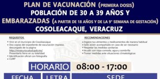 Aplicarán primera dosis de la vacuna contra el Covid-19 a personas de 30 a 39 años en Cosoleacaque