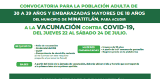 Jornada de vacunación contra Covid-19. Adultos de 30 a 39 años de Minatitlán. Jornada de vacunación Minatitlán 30 a 39 años