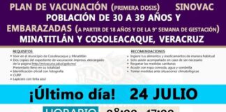 Hoy concluye jornada de vacunación anti Covid-19 a personas de 30 a 39 años en Minatitlán