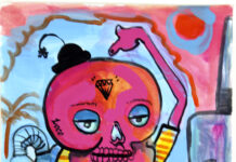 Calavera de viaje (Acrílico, Eros Dei, 2021) Personajes surreales en parajes urbanos.