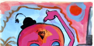 Calavera de viaje (Acrílico, Eros Dei, 2021) Personajes surreales en parajes urbanos.