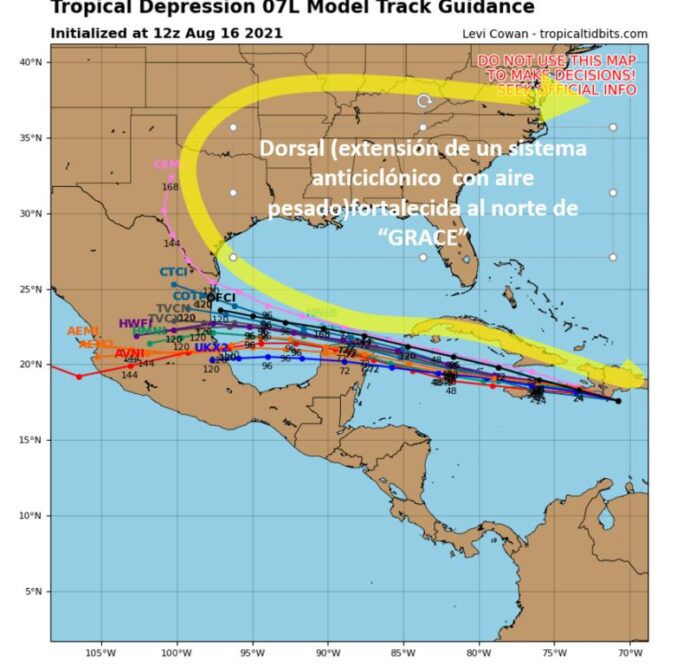 Probable ruta y zona de impacto del ciclón Grace