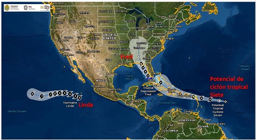 clima 13ago21 Pronóstico de las trayectorias del huracán Linda, depresión tropical Fred y el potencial de ciclón tropical.
