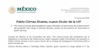 La boda escandalosa descabeza a la UIF: Renuncia Santiago Nieto, Pablo Gómez es el nuevo titular Comunicado del Gobierno de México.