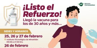Del 25 al 27 de febrero aplicarán dosis de refuerzo a las personas de 30 años y más en Minatitlán