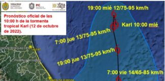 «Karl» cobra fuerza y se desplaza hacia el sur de Veracruz La superficie sombreada de la imagen indica el margen de error del pronóstico para el ojo del ciclón, esto es, para cada fecha de pronóstico el sistema pudiera moverse más al norte o al sur dentro del área sombreada.