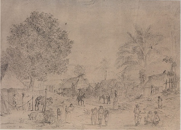 Mina-titlán Hegi3 Calle principal, Minatitlán. 1858. Apuntes de México. Johann Salomon Hegi. Tomado de la fan page Minatitlán Antiguo.
