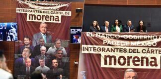 PRI despliega pancarta del ‘Cártel de Morena’ y acusa a AMLO de narcogobierno Pancarta del PRI en el Senado acusa a Morena de narcogobierno