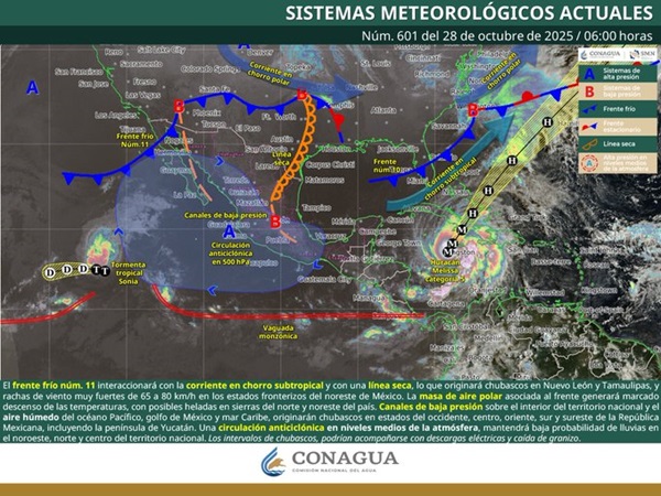 FF-11 El SMN prevé vientos de hasta 100 km/h y oleaje de 3 metros por el frente frío 11 en Tamaulipas, heladas en el norte y temperaturas de hasta 40 °C en el sur del país