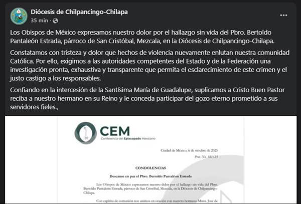 Obispos Exige CEM a autoridades de seguridad investigación del crimen del sacerdote y castigo a los responsables