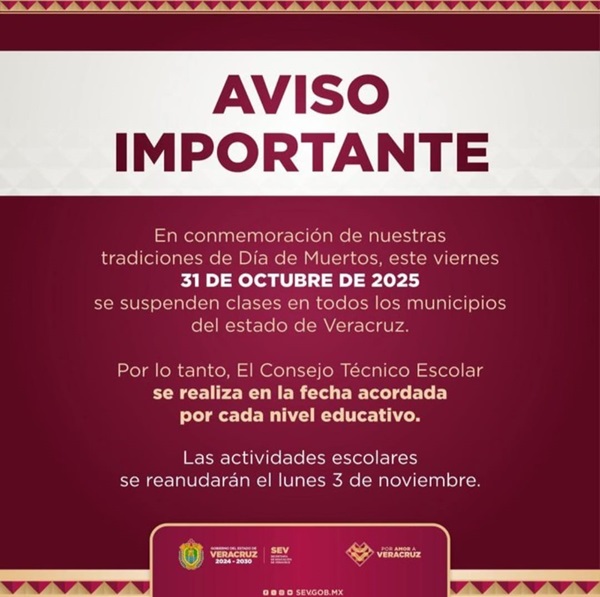 SEV La SEV informa que las clases se reanudarán el próximo lunes 3 de noviembre