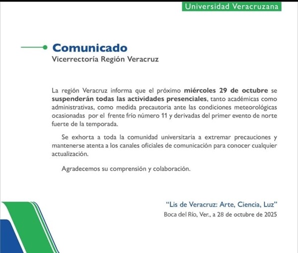 UV Suspenderán actividades presenciales, académicas y administrativas en Veracruz y Boca del Río