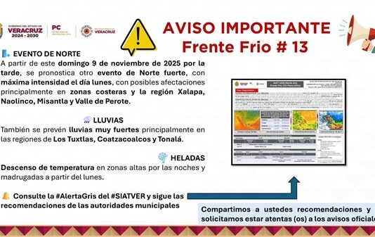 Aire polar del FF13 azotará y enfriará Veracruz advierte PC La SPC-Ver alerta por bajas temperaturas, lluvias y viento con rachas fuertes a violentas por ingreso de FF-13