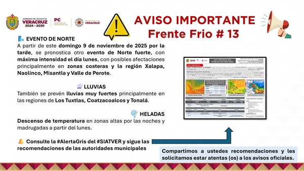 FF-13 La SPC-Ver alerta por bajas temperaturas, lluvias y viento con rachas fuertes a violentas por ingreso de FF-13