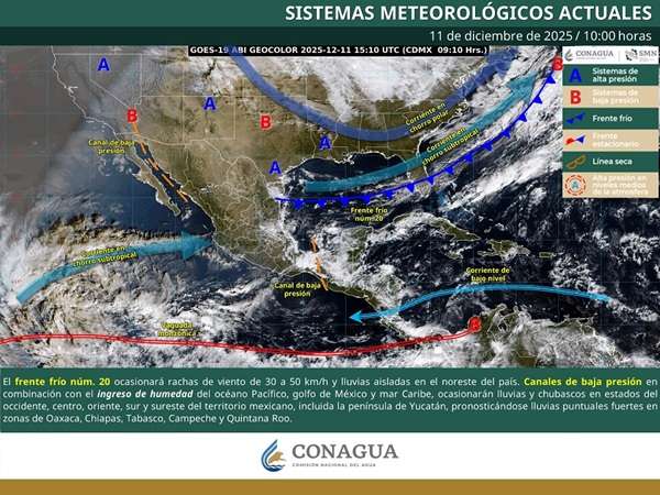 Conagua El ingreso de humedad del Océano Pacífico y Golfo de México e inestabilidad atmosférica, ocasionarán lluvias y chubascos en estados del occidente, centro, oriente, sur y sureste del territorio nacional