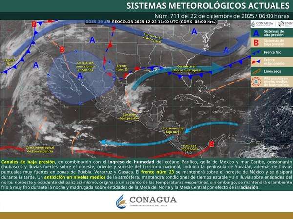 FF23 Norte y occidente experimentarán cielos despejados, mientras el sur y sureste continuarán bajo la influencia de lluvias y vientos fuertes