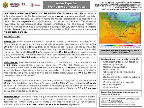 FF30-Veracruz Un nuevo frente frío junto con su masa de aire ártico pueden afectar al estado entre viernes y sábado con nuevo aumento del potencial de lluvias, descenso de temperatura y Norte fuerte a violento en la costa