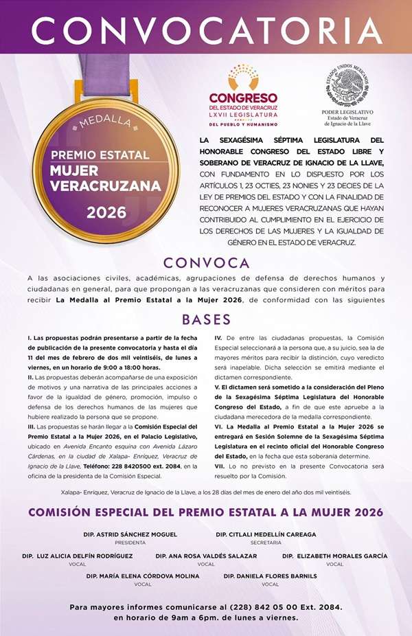 LegisVer-PremioMujer El Pleno del Congreso entregará la Medalla al Premio Estatal a la Mujer 2026 en Sesión Solemne, en la fecha que determine dentro del marco de la conmemoración del Día Internacional de la Mujer.