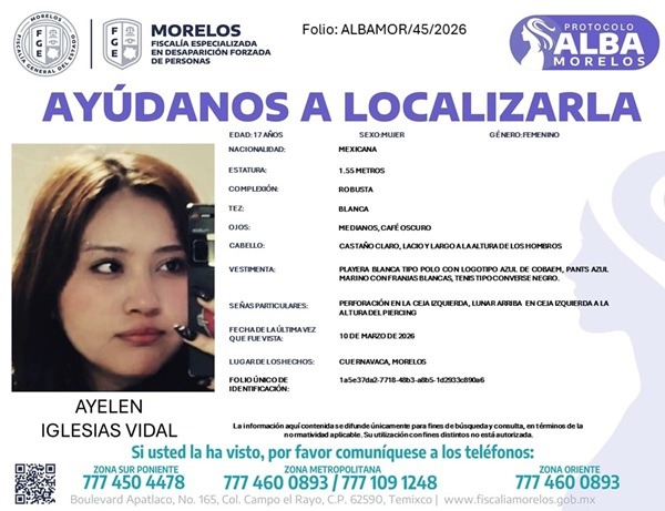 Morelos-Estudiante Con Ayelen suman cinco estudiantes en Morelos desaparecidas en las tres semanas recientes; tres de ellas alumnas de la UAEM y una, del Centro de Estudios Tecnológicos y de Servicios de Xochitepec; dos fueron encontradas muertas y dos con vida.