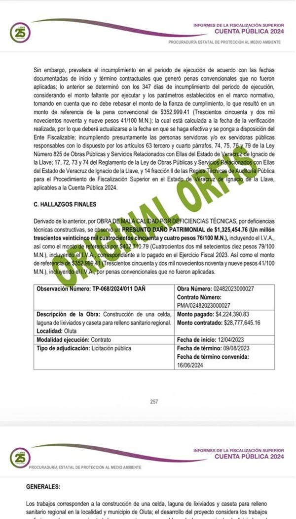 Oluta-ORFIS El presunto daño patrimonial por parte de la PMA y/o la empresa contratada para construir el relleno sanitario oluteco, es mayor; el ORFIS lo presenta por rubros