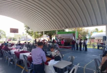 Lleva alcalde “Día Medellinense” a Arboleda San Ramón; atiende de frente a ciudadanos Funcionarios del Ayuntamiento de Medellín de Bravo atienden a ciudadanos durante el Día Medellinense en el Domo de Arboleda San Ramón, con mesas de trabajo y templete al fondo.