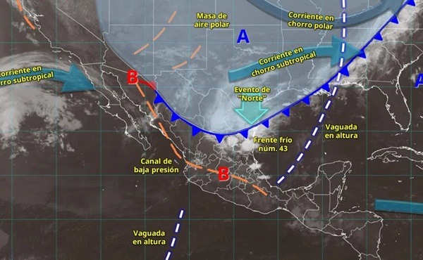 FF43-SMN Todo esto ocasionará la probabilidad de lluvias fuertes a muy fuertes con descargas eléctricas y caída de granizo en el noreste, oriente y sureste mexicano, incluida la península de Yucatán, con lluvias puntuales e intensas en Hidalgo, Puebla y Veracruz.