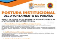 Tras incendio en Dos Bocas, Ayuntamiento de Paraíso exige analizar el aire y evaluar riesgos a la salud Tras el incendio en la refinería Olmeca en Dos Bocas, el Ayuntamiento de Paraíso pidió evaluar la calidad del aire y exigió a Pemex un informe sobre las causas del siniestro.