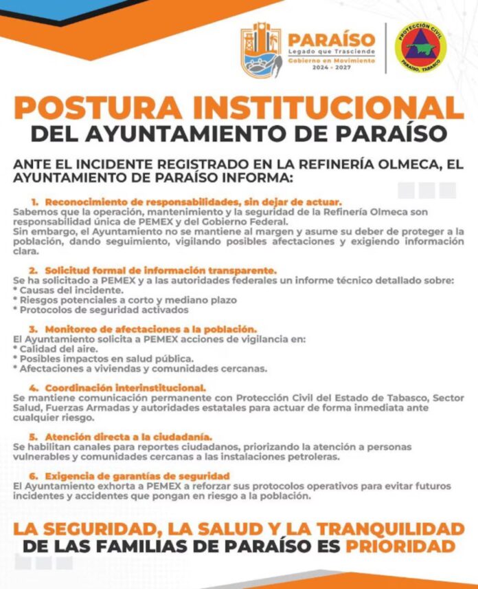Tras el incendio en la refinería Olmeca en Dos Bocas, el Ayuntamiento de Paraíso pidió evaluar la calidad del aire y exigió a Pemex un informe sobre las causas del siniestro.