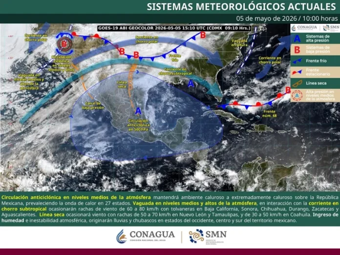 Mapa que muestra la ola de calor en México con temperaturas superiores a 35 grados
