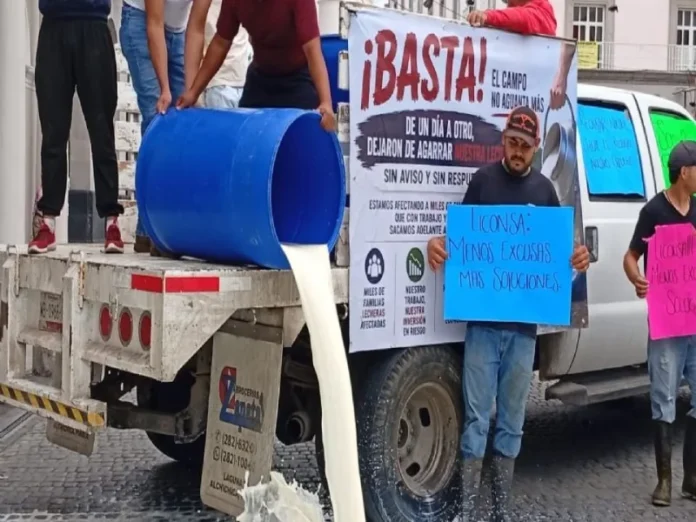 Ganaderos derraman leche en protesta por Leche para el Bienestar Ganaderos derraman leche en la calle en protesta por la suspensión de Leche para el Bienestar
