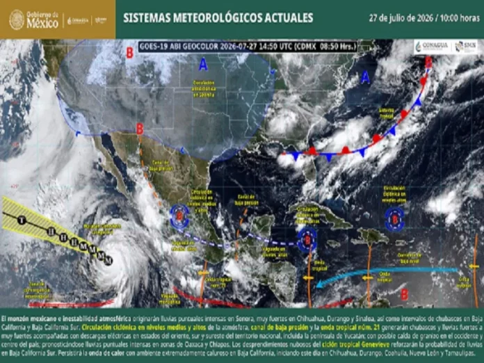 Huracán Genevieve categoría 5 en el océano Pacífico con vientos máximos sostenidos de 260 km/h