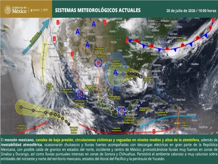 Mapa que muestra las áreas afectadas por el monzón mexicano con lluvias fuertes