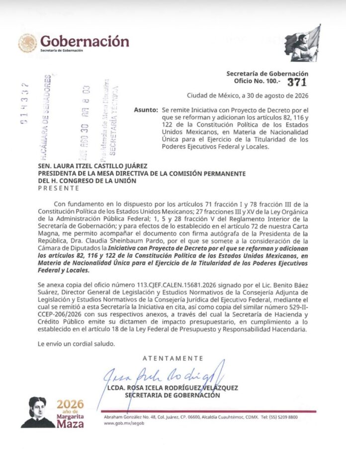 Legislatura-Nacionalidad La Comisión Permanente recibió este domingo la propuesta de la presidenta Claudia Sheinbaum para prohibir que políticos con doble nacionalidad puedan aspirar a la presidencia o una gubernatura en México.