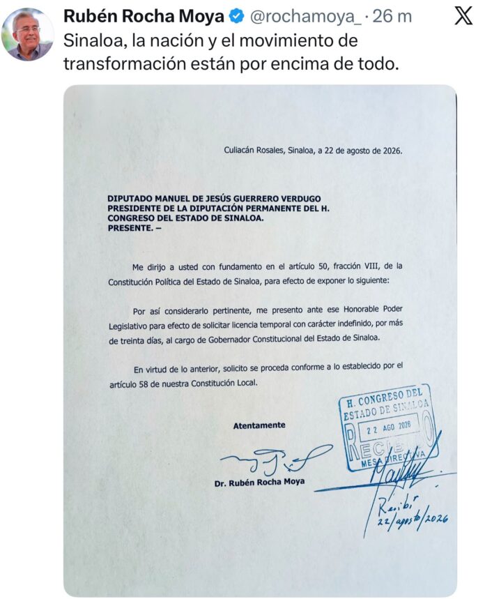 RochaMoya-Licencia La petición ocurre apenas 24 horas después de que el mandatario sinaloense anunciara su regreso a la gubernatura, luego de permanecer 112 días separado del cargo. Su reincorporación generó cuestionamientos dentro de Morena y llamados para que reconsiderara su decisión.