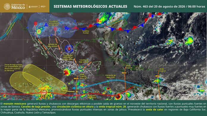 SMN-Calor Ante las altas temperaturas, el SMN recomendó mantener una hidratación adecuada, utilizar ropa de manga larga y colores claros, evitar permanecer durante periodos prolongados bajo el Sol y prestar especial atención a niñas, niños y personas adultas mayores.
