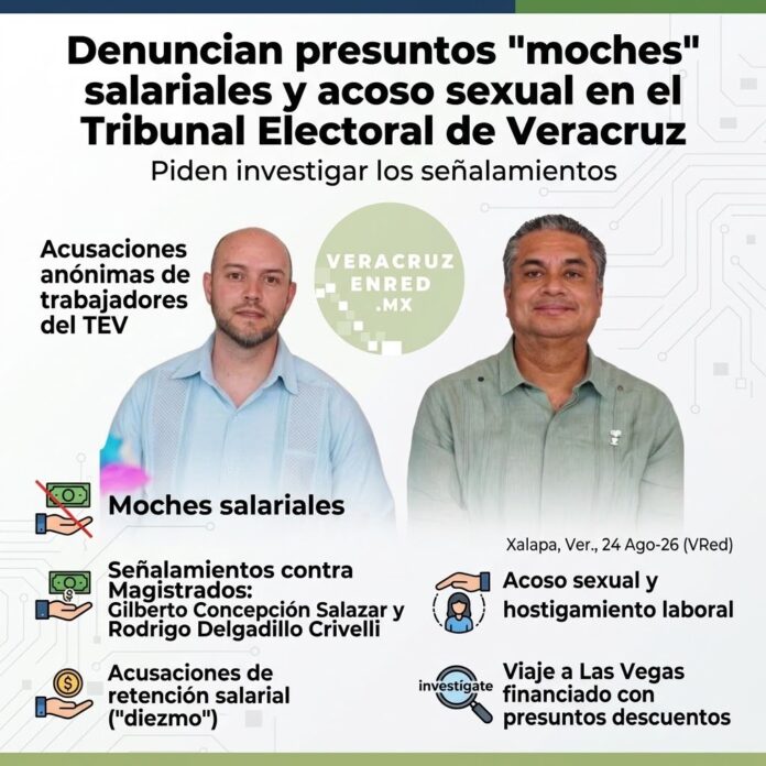 TEV-MochesAcoso De acuerdo con las acusaciones, el magistrado presidente del TEV, Gilberto Concepción Salazar Ceballos, presuntamente ejercería presión sobre trabajadoras para que acepten propuestas de carácter sexual, bajo la amenaza de perder su empleo o ser objeto de campañas de desprestigio.