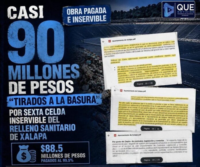 Xalapa-RellenoSanitario A pesar de que la presidenta Daniela Griego no es responsable directa de la obra, su administración obstaculiza conocer la verdadera situación por la que hasta el día de hoy no opera la sexta celda del relleno sanitario; no obstante, proyecta la construcción de una séptima celda aunque que la sexta no funcione y se hayan derrochado casi 90 millones de pesos de los xalapeños.