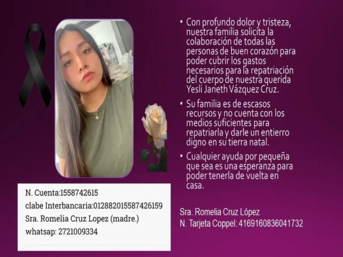 Imagen de la campaña de repatriación del cuerpo de Yesli Yaneth Campaña de repatriación del cuerpo de Yesli Yaneth desde EE.UU.