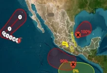 SMN prevé formación de los ciclones «Isaías» en el Golfo de México y «Simón» en el Pacífico Imagen de los ciclones Isaías Simón acercándose a la costa mexicana