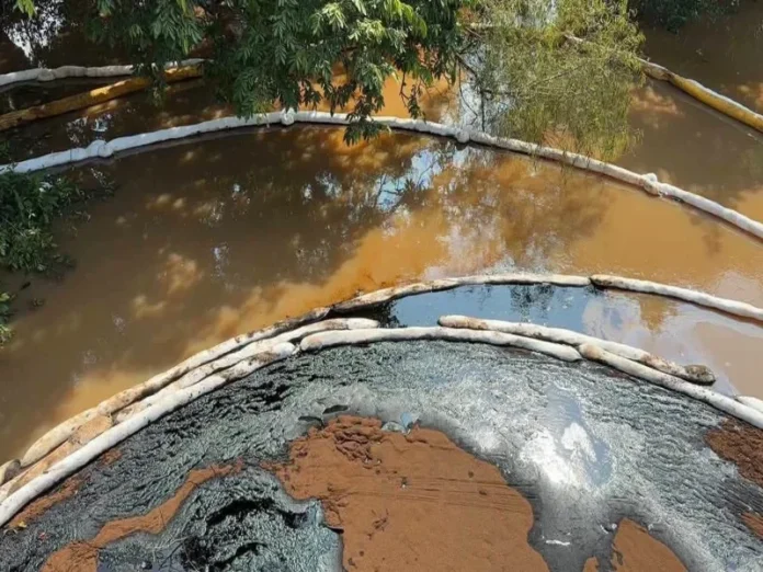 Autoridades inspeccionan el derrame de diésel en el río Chacalapa Imagen del derrame de diésel en el río Chacalapa
