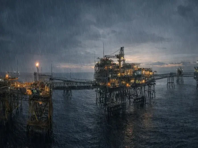Imagen del huracán Isaías acercándose a plataformas petroleras del Golfo