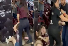 Mujeres pelean en el estado de Tomateros de Culiacán; una somete a otra del cabello hasta que logran separarlas Imagen que muestra la pelea mujeres estadio en el Estadio Juan Ley Fong